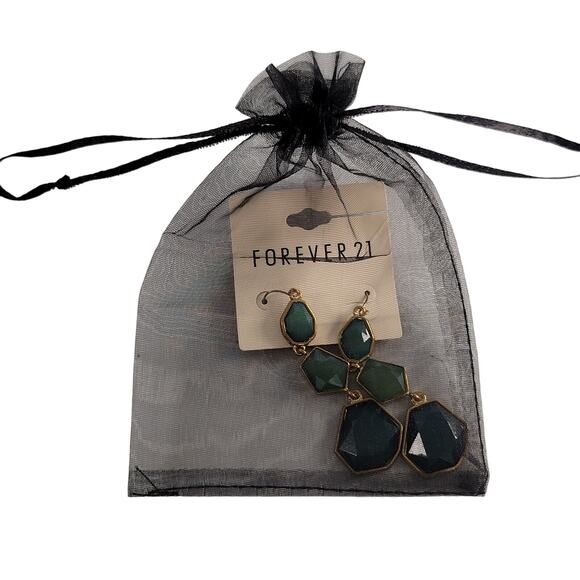 Forever 21 Green Gold Tone Geometric Drop Earrings Dangle Statement Boho Chic - Picture 7 of 7